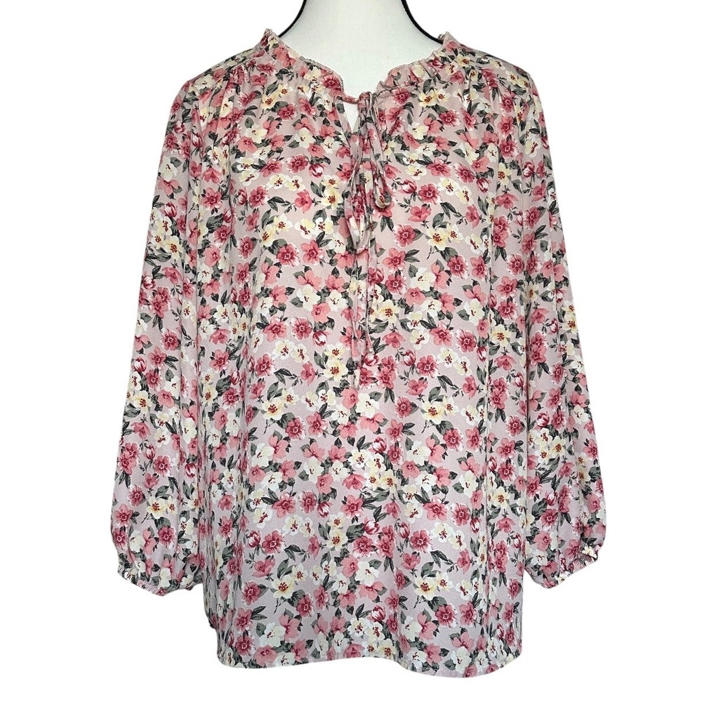 Pleione Pink Ditsy Floral Ruffle Keyhole Tie Neck Long Sleeve Blouse Small